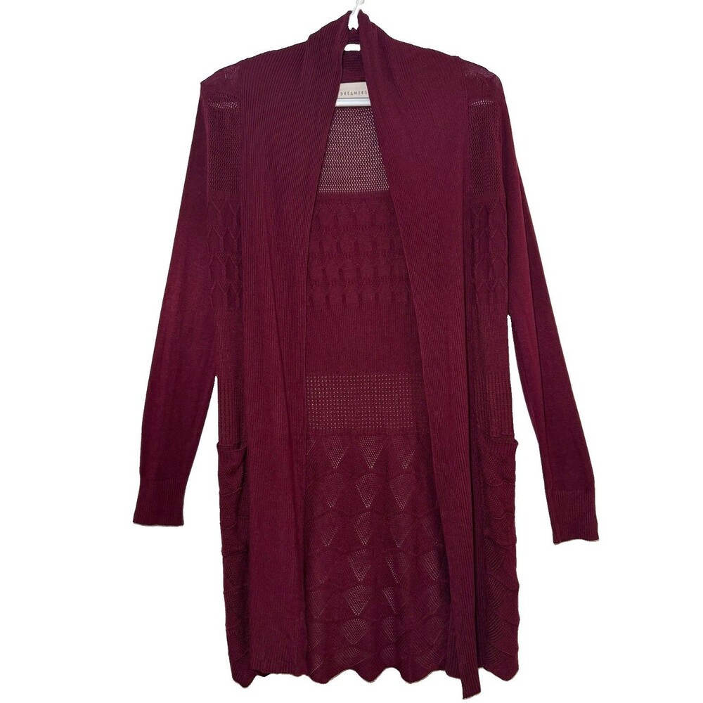 Dreamers Burgundy Open Front Cardigan Sweater M Ribbed Shawl Collar Pockets